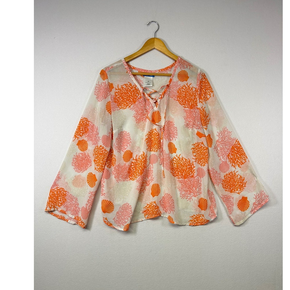 Tropical Resortwear Sheer Blouse Womens L Orange Pink Coral Seashell Grandmacore